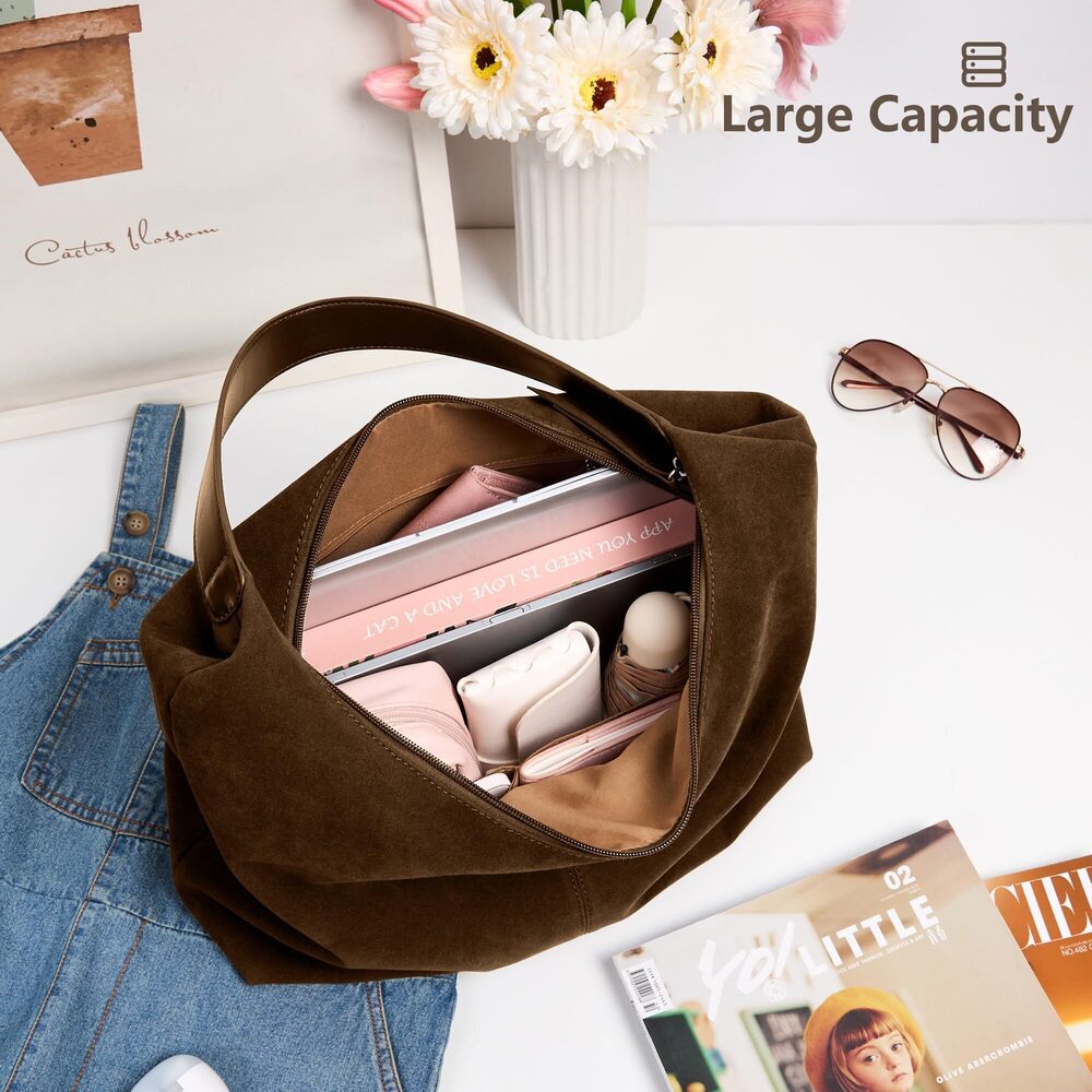 9625 Suede Cresent Tote, Slouchy Hobo Bag Vegan Leather Medium Zipper - Picture 3 of 7